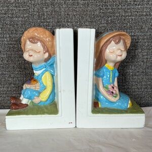 Vintage Ceramic Boy and Girl Bookends Mid‎ Century Book Lover Decor Charming